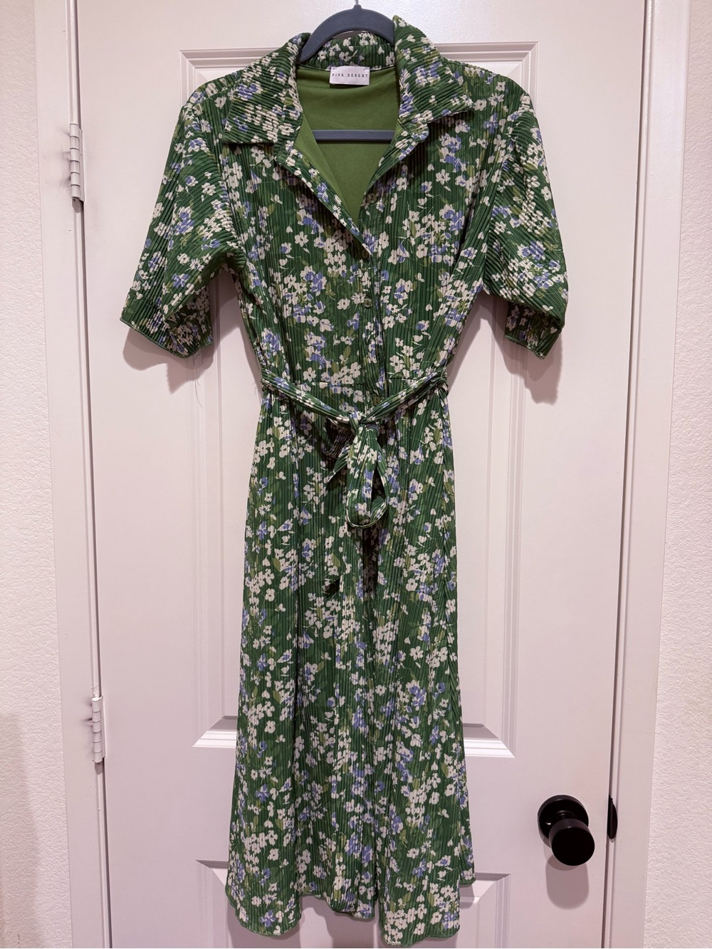 Women’s Green Floral Midi Shirt Dress with Waist Tie